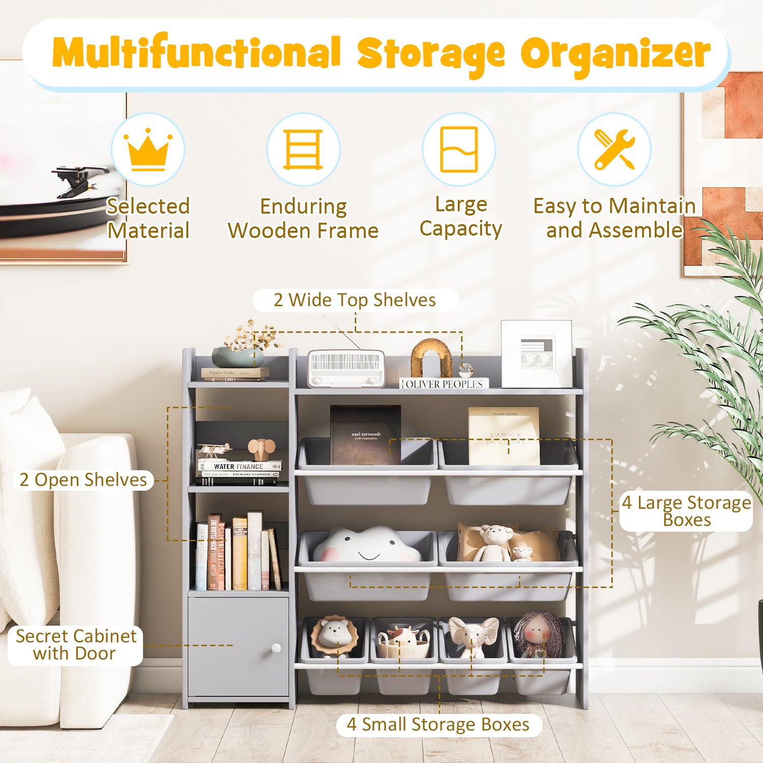 4-Tier Kids Bookshelf and Toy Storage Rack with 8 Toy Organizer Bins