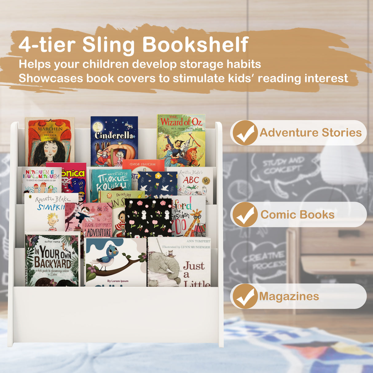 4-Tier Kids Bookshelf with Deep Compartments for Bedroom