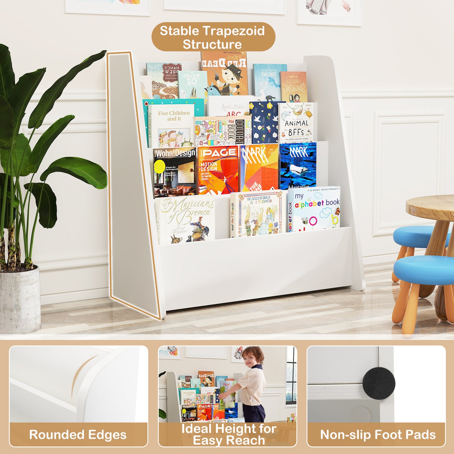 4-Tier Kids Bookshelf with Deep Compartments for Bedroom