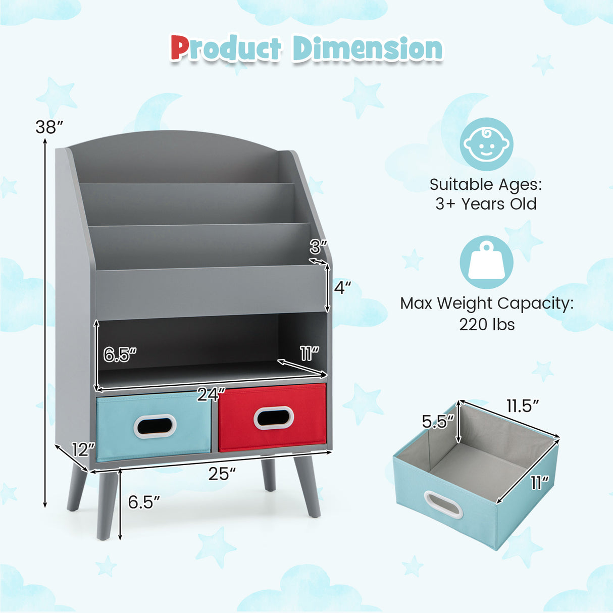 Kids Bookshelf with Open Compartment for Toddlers 3+ Years Old