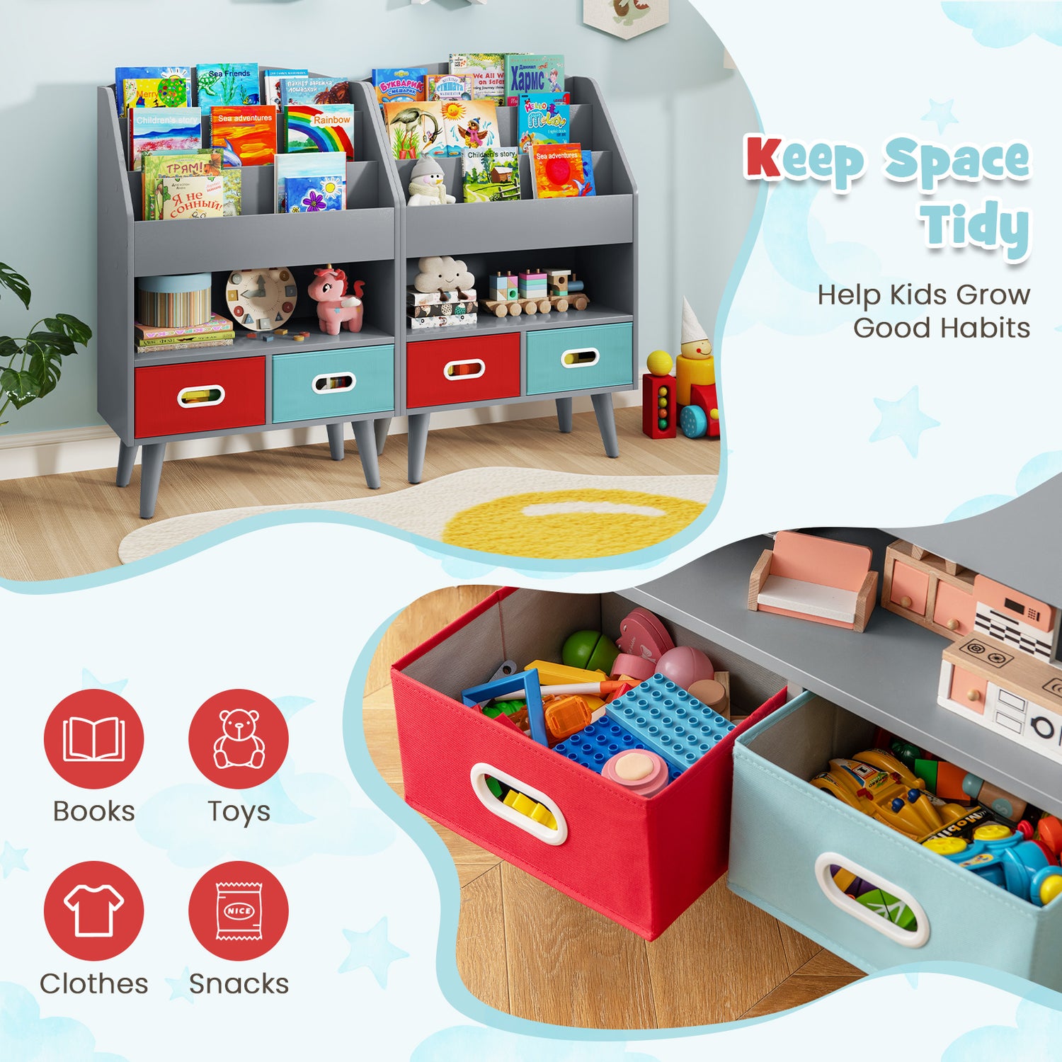 Kids Bookshelf with Open Compartment for Toddlers 3+ Years Old