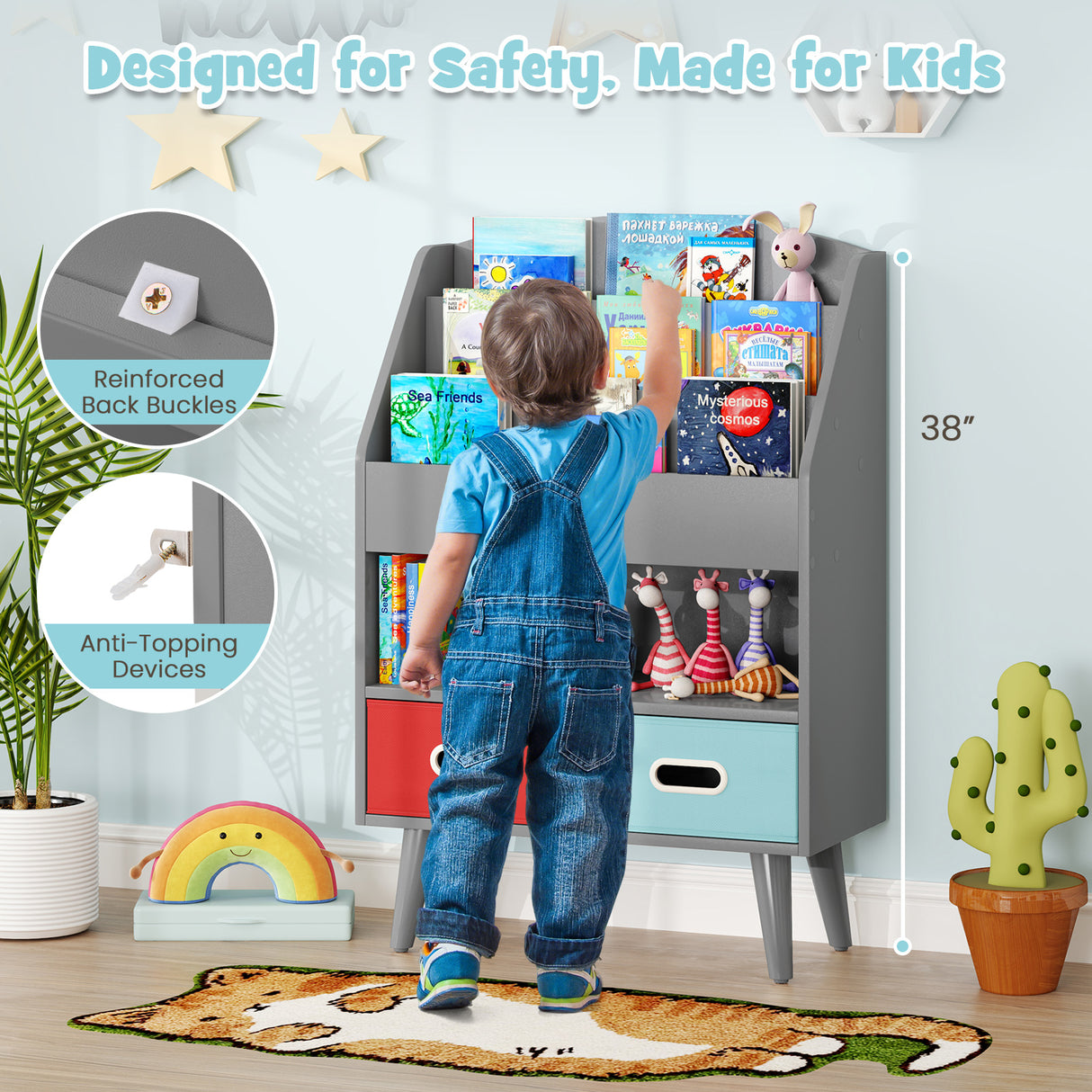Kids Bookshelf with Open Compartment for Toddlers 3+ Years Old