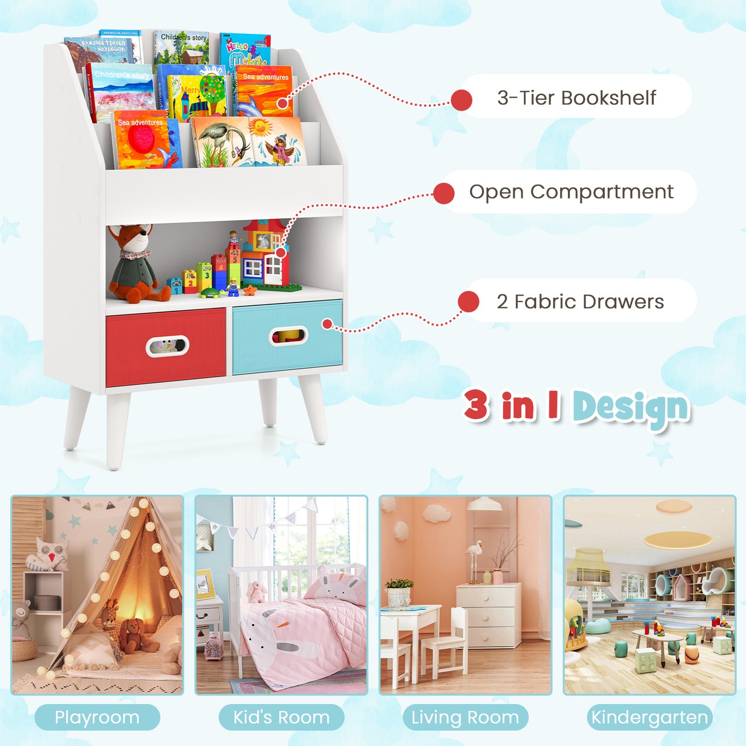 Kids Bookshelf with Open Compartment for Toddlers 3+ Years Old