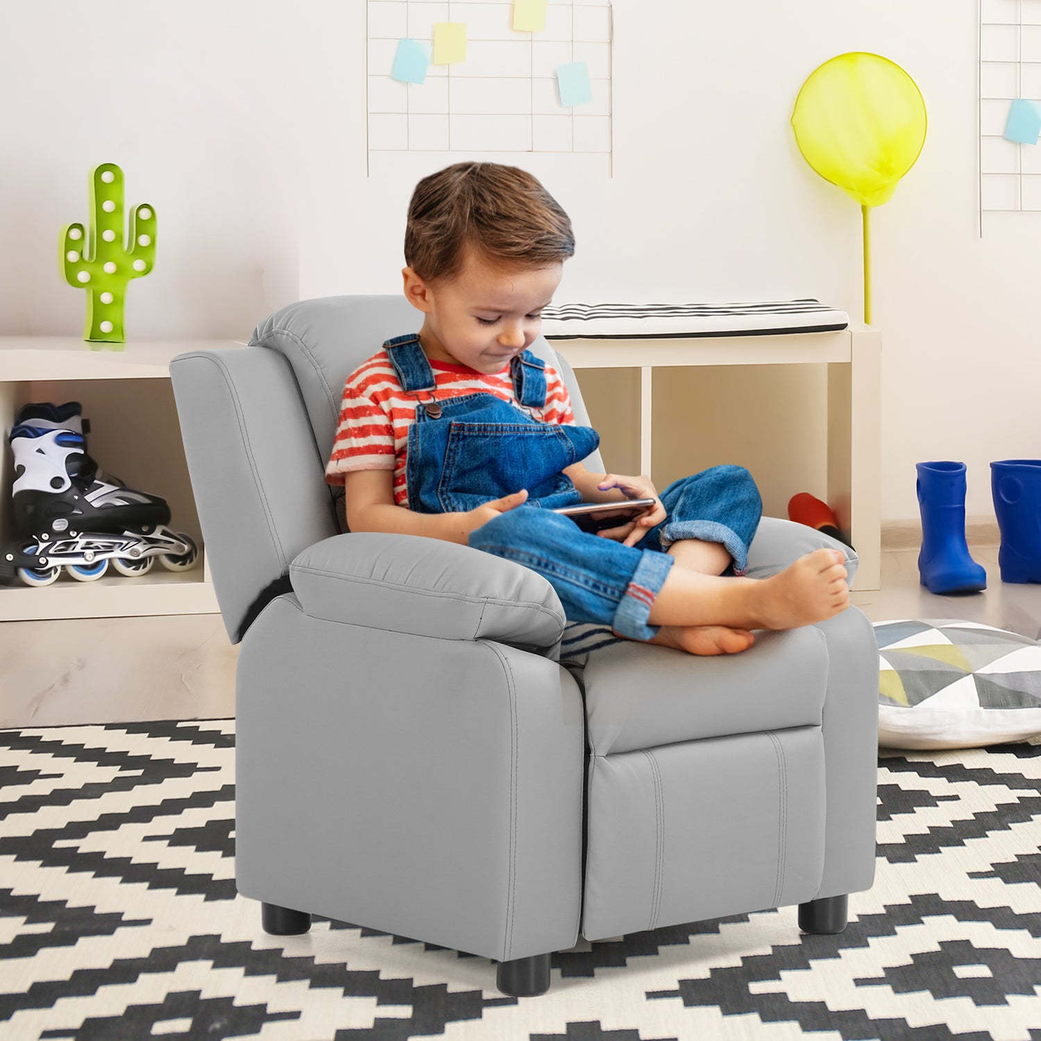 Deluxe Kids Armchair Recliner Headrest Sofa w/ Storage Arms