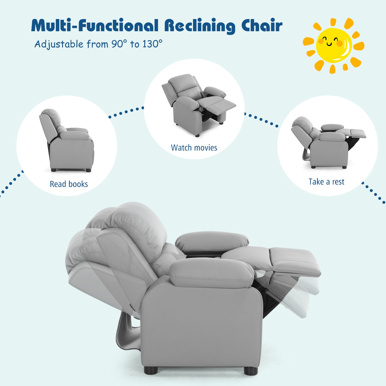Deluxe Kids Armchair Recliner Headrest Sofa w/ Storage Arms
