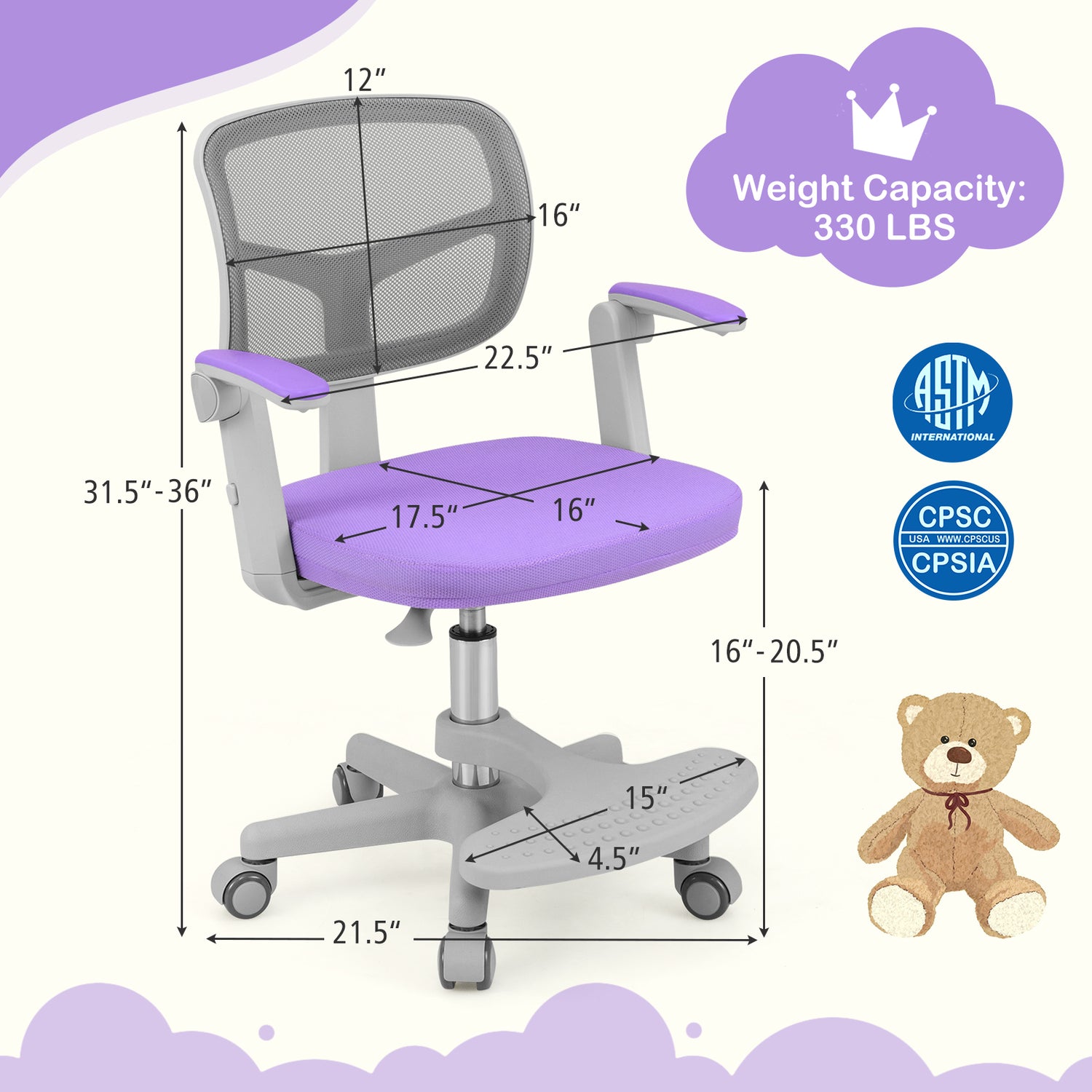 Kids Desk Chair Children Study Chair with Adjustable Height Armrest and Footrest