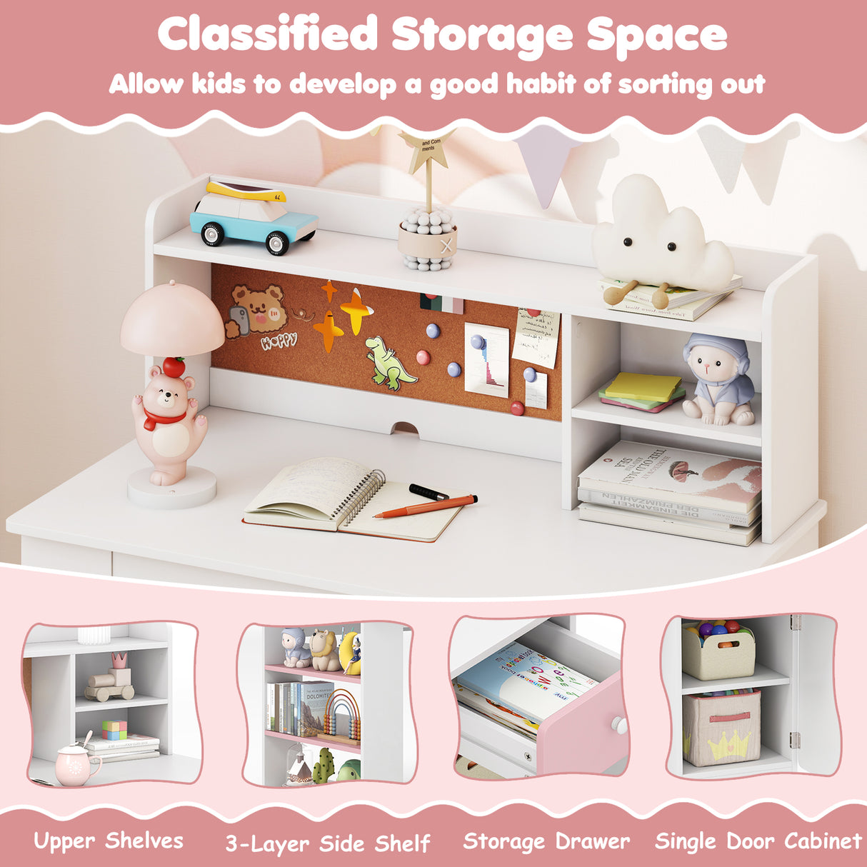 Kids Desk and Chair Set with Hutch and 3-Layer Side Shelf