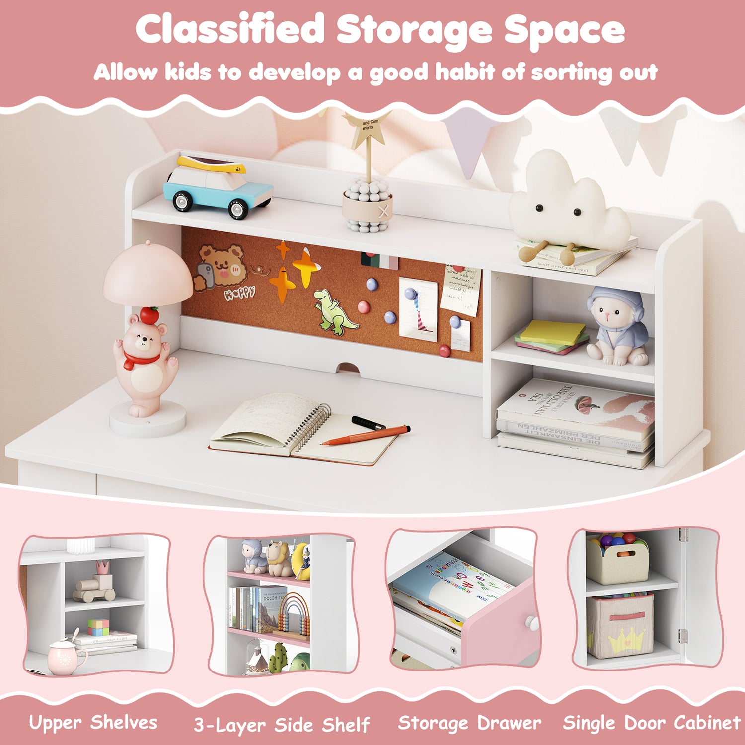 Kids Desk and Chair Set with Hutch and 3-Layer Side Shelf