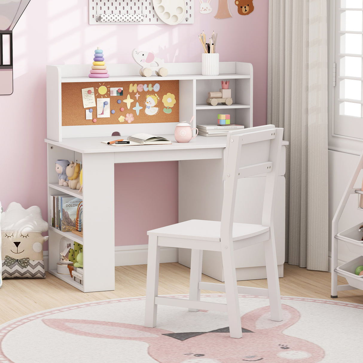 Kids Desk and Chair Set with Hutch and 3-Layer Side Shelf