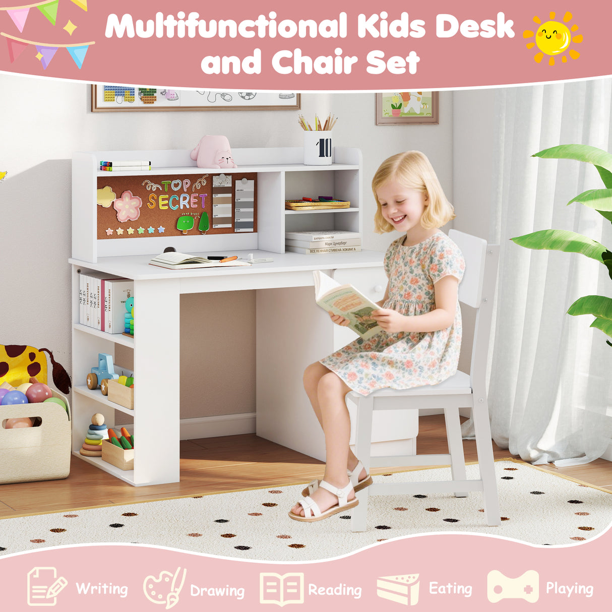 Kids Desk and Chair Set with Hutch and 3-Layer Side Shelf