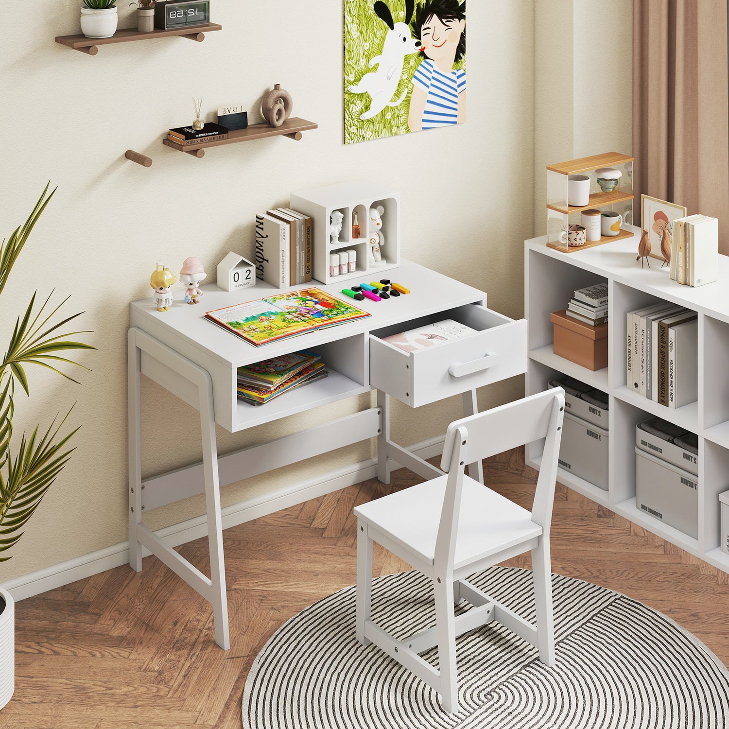 Kids Desk and Chair Set with Storage Drawer and Hutch