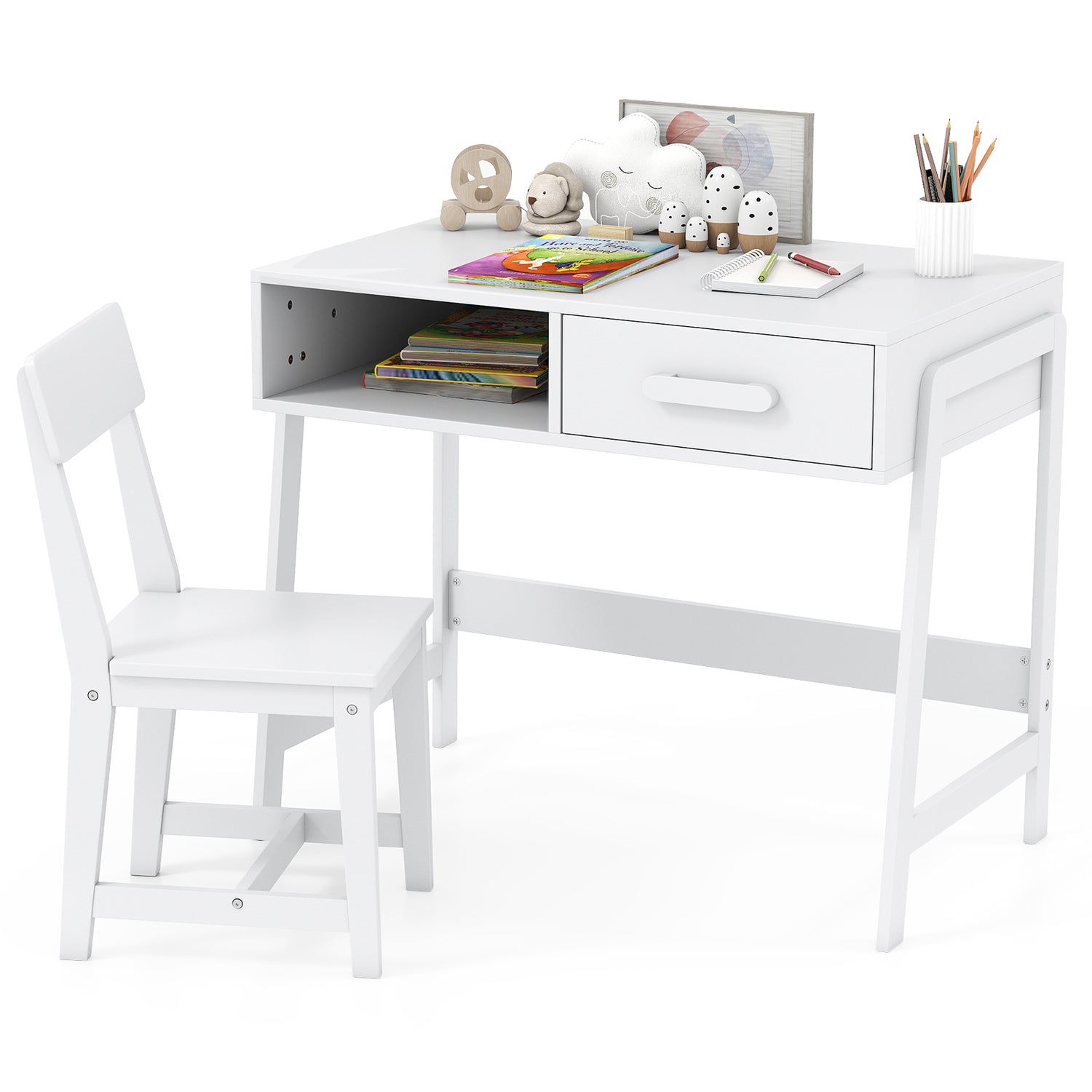 Kids Desk and Chair Set with Storage Drawer and Hutch
