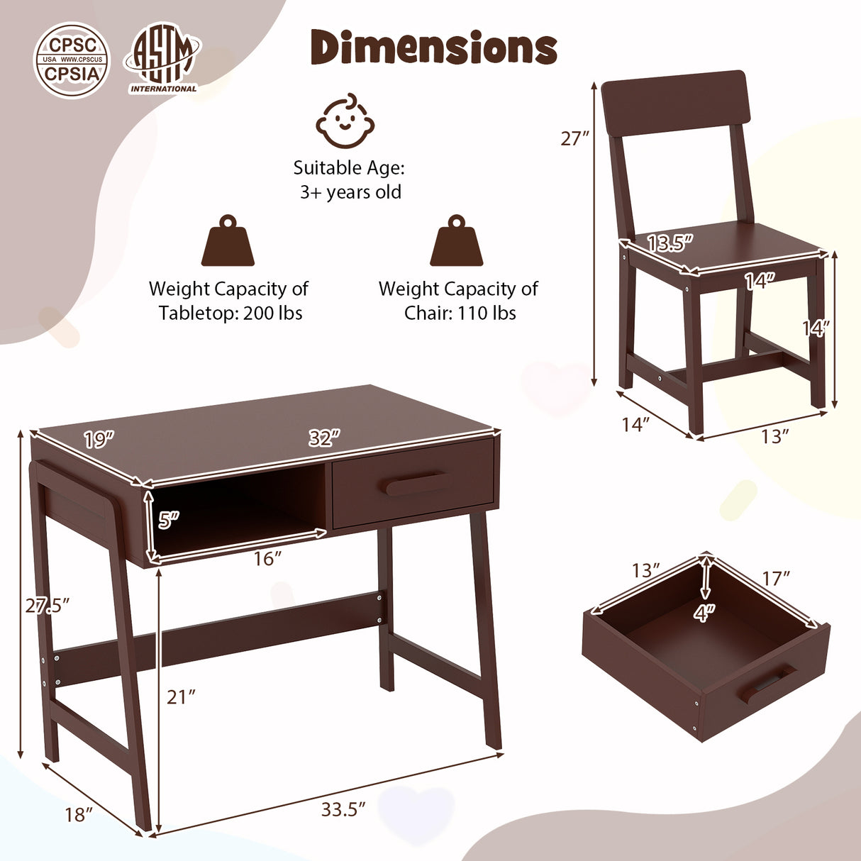 Kids Desk and Chair Set with Storage Drawer and Hutch