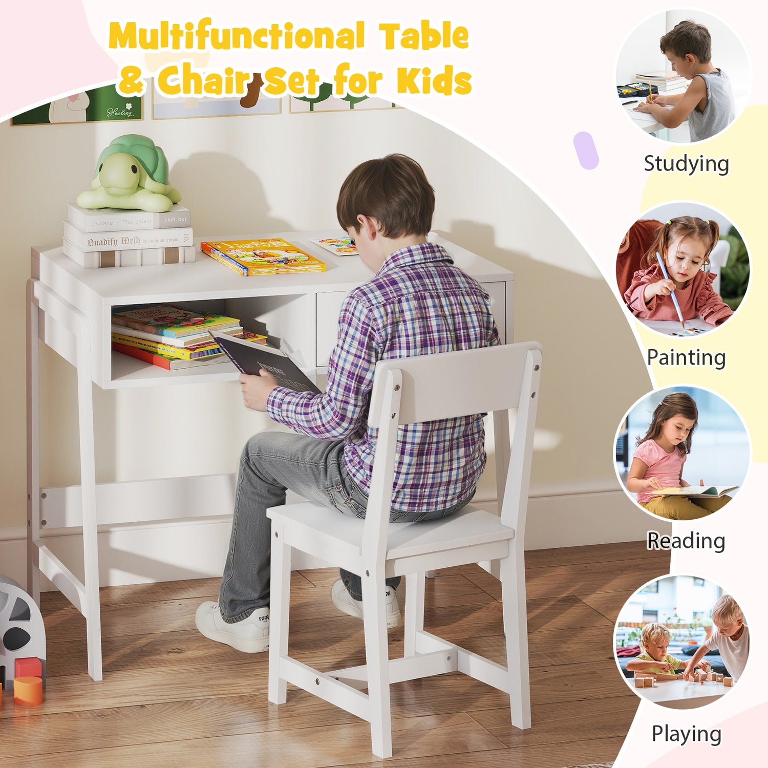 Kids Desk and Chair Set with Storage Drawer and Hutch