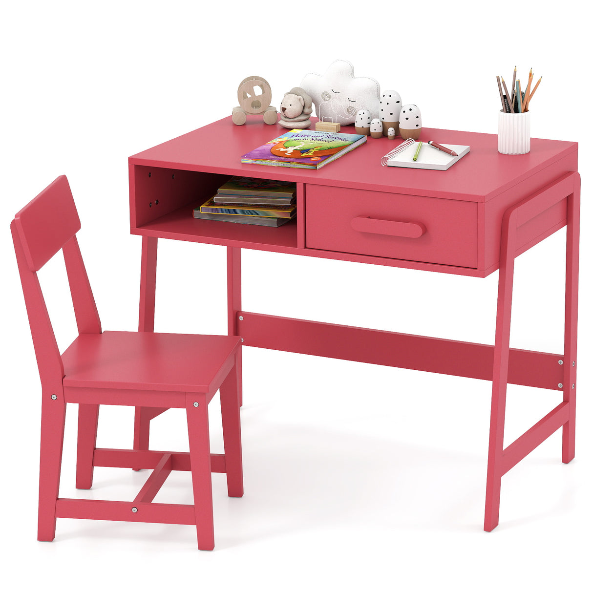 Kids Desk and Chair Set with Storage Drawer and Hutch