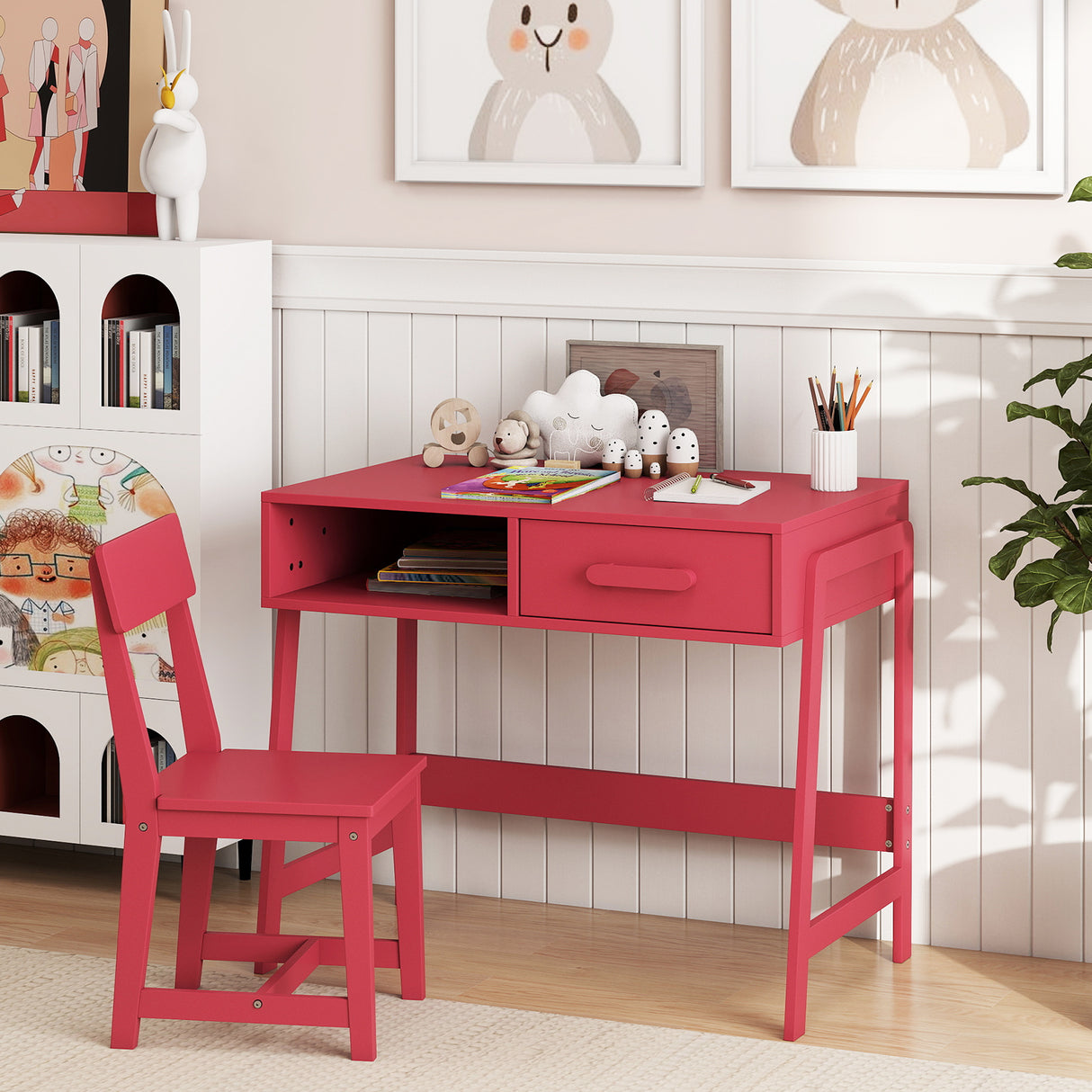 Kids Desk and Chair Set with Storage Drawer and Hutch
