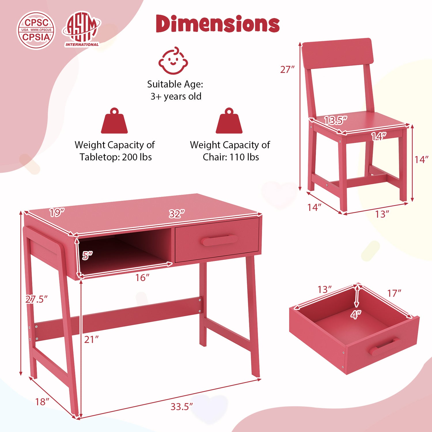 Kids Desk and Chair Set with Storage Drawer and Hutch