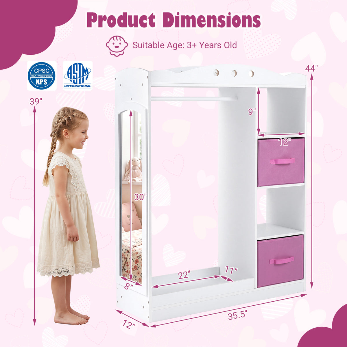 Kids Dress Up Storage with Full Length Mirror and Open Shelves