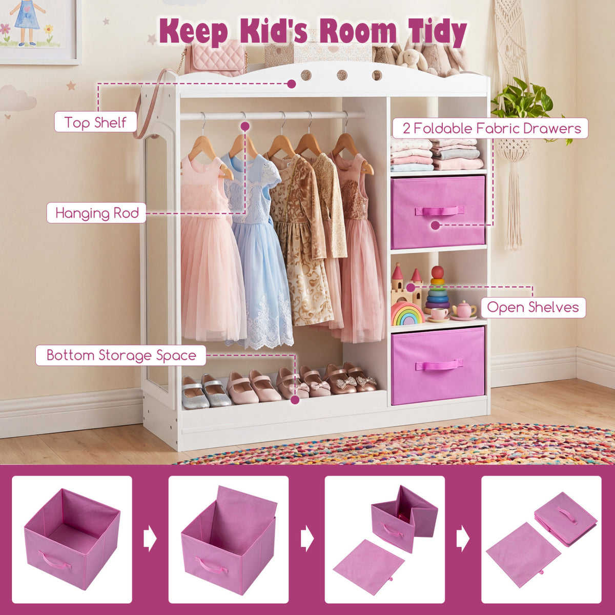 Kids Dress Up Storage with Full Length Mirror and Open Shelves