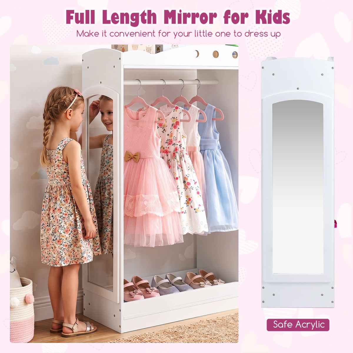 Kids Dress Up Storage with Full Length Mirror and Open Shelves