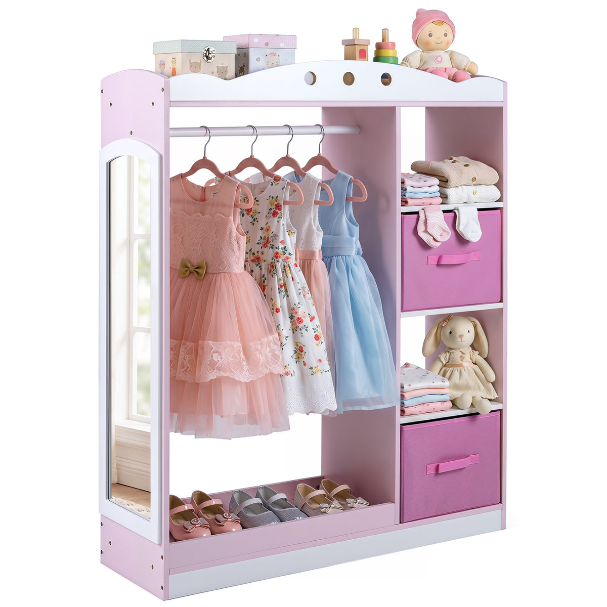 Kids Dress Up Storage with Full Length Mirror and Open Shelves