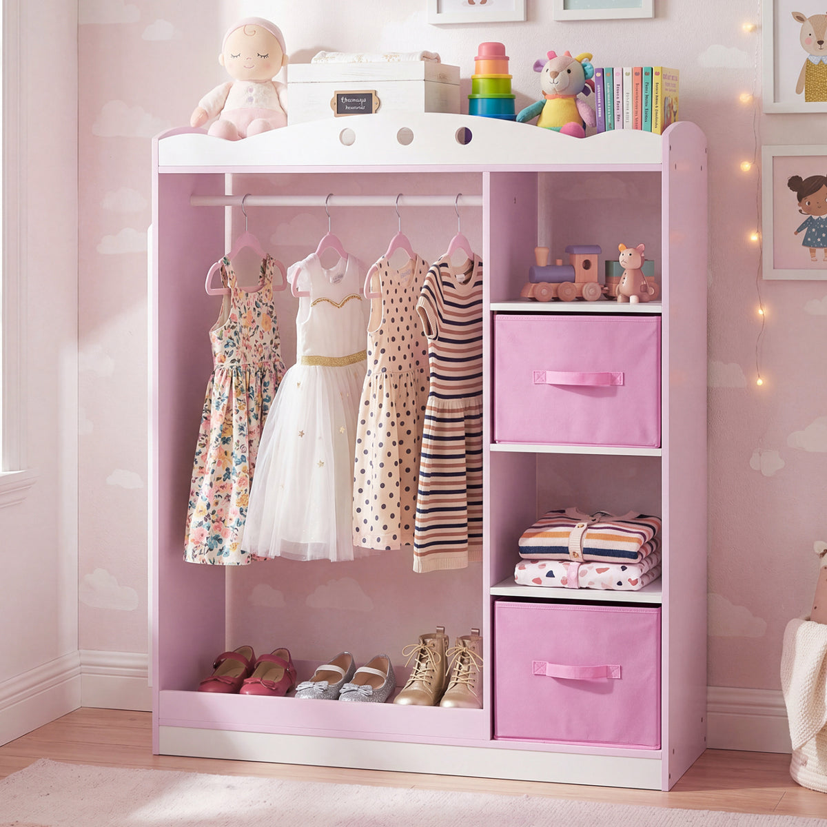 Kids Dress Up Storage with Full Length Mirror and Open Shelves