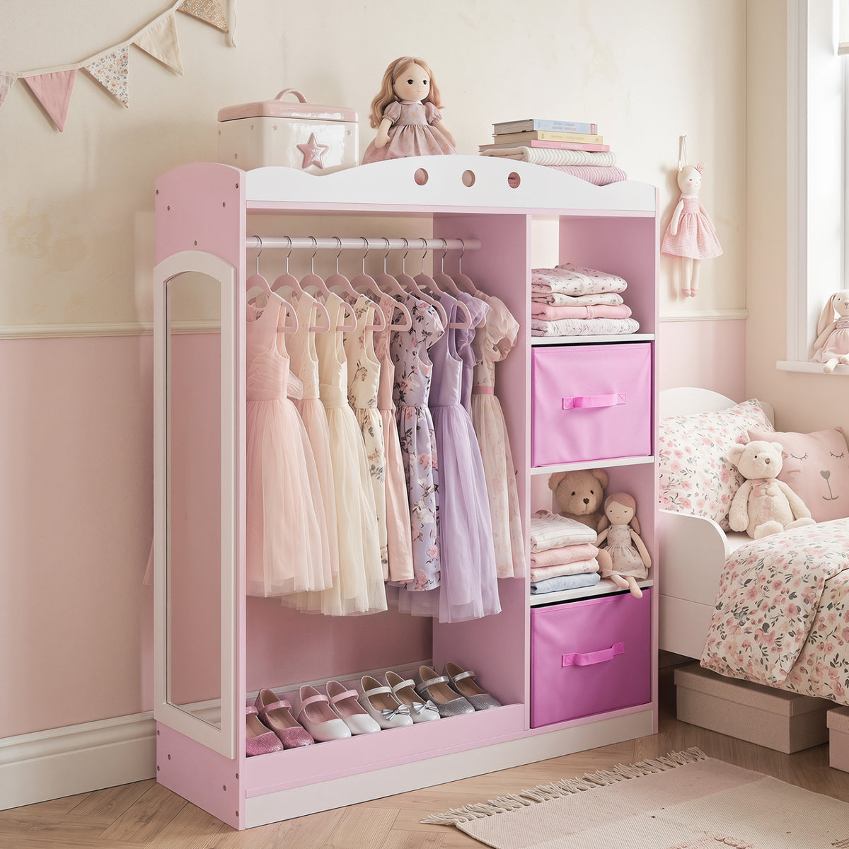Kids Dress Up Storage with Full Length Mirror and Open Shelves