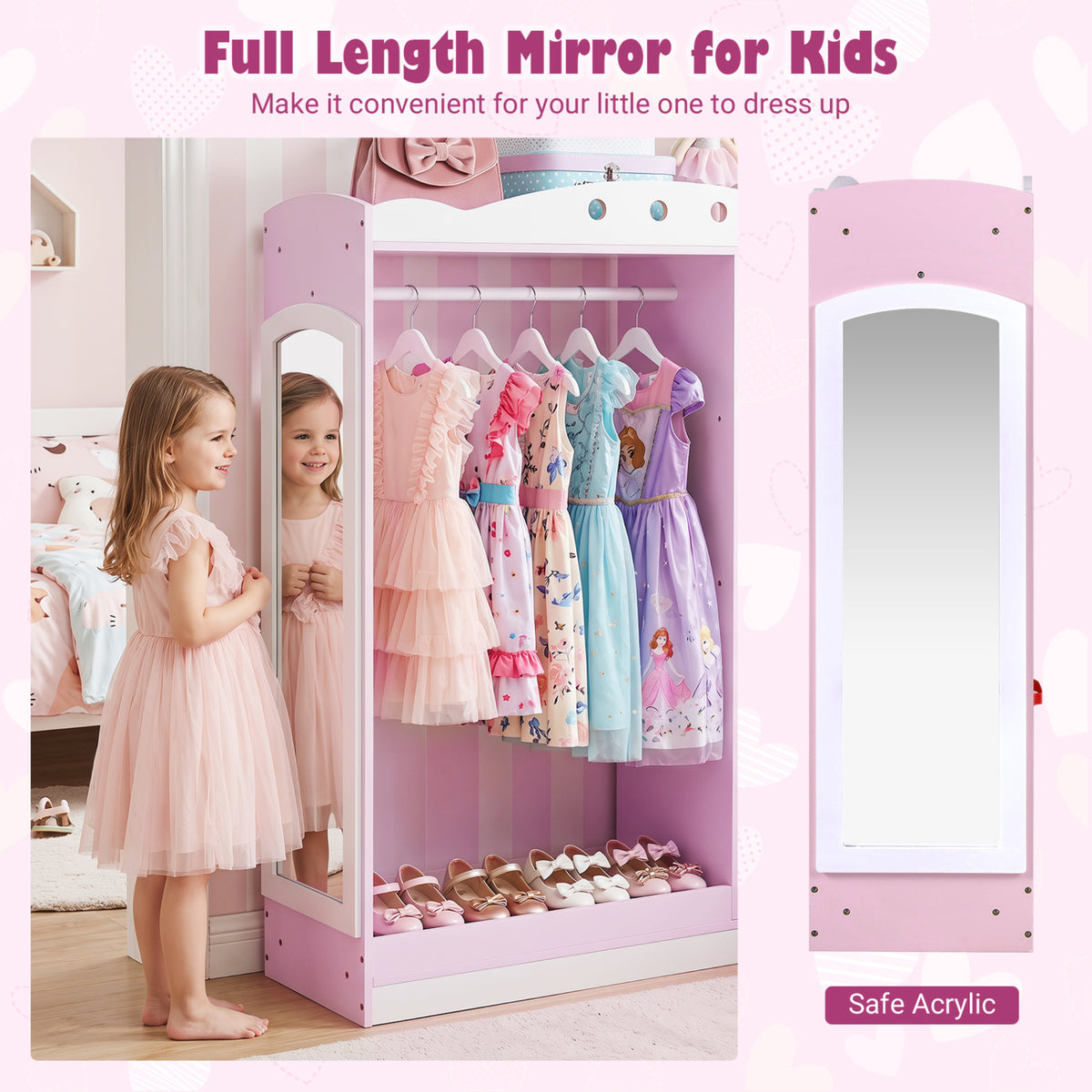 Kids Dress Up Storage with Full Length Mirror and Open Shelves