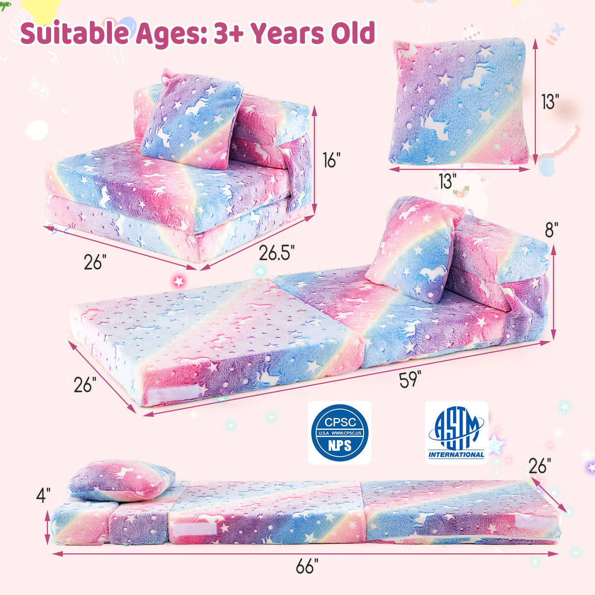 Kids Folding Sofa Bed Floor Mattress Glow in the Dark with Pillow
