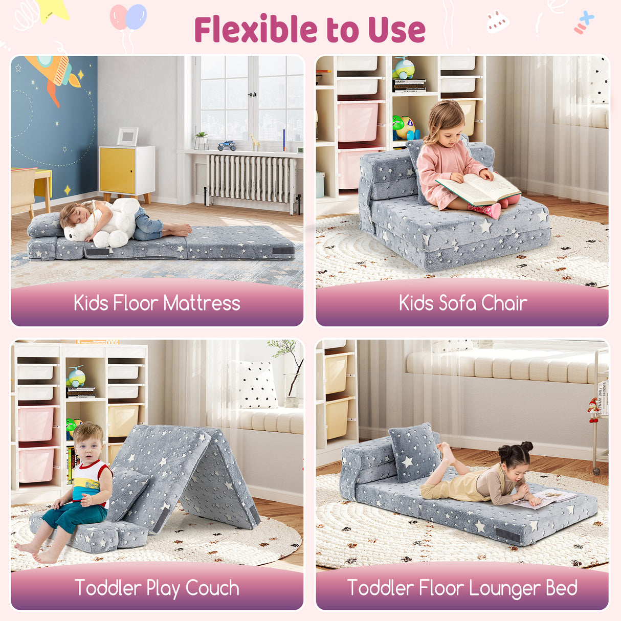 Kids Folding Sofa Bed Floor Mattress Glow in the Dark with Pillow
