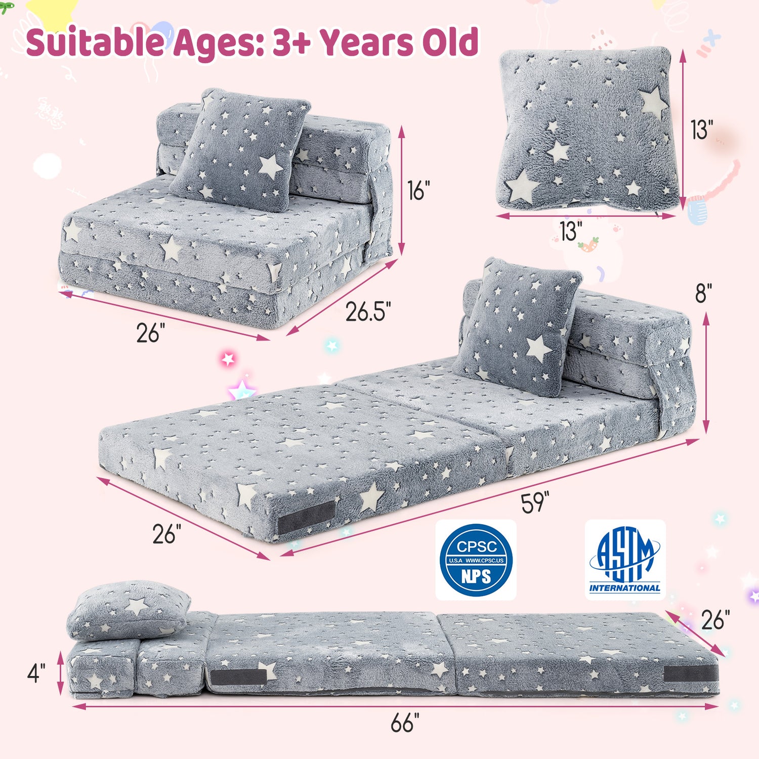 Kids Folding Sofa Bed Floor Mattress Glow in the Dark with Pillow
