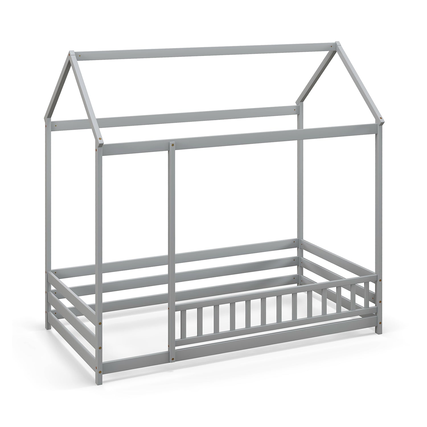 Twin Size Kids House Bed Wooden Floor Bed with Roof and Full-length Safety Guardrail