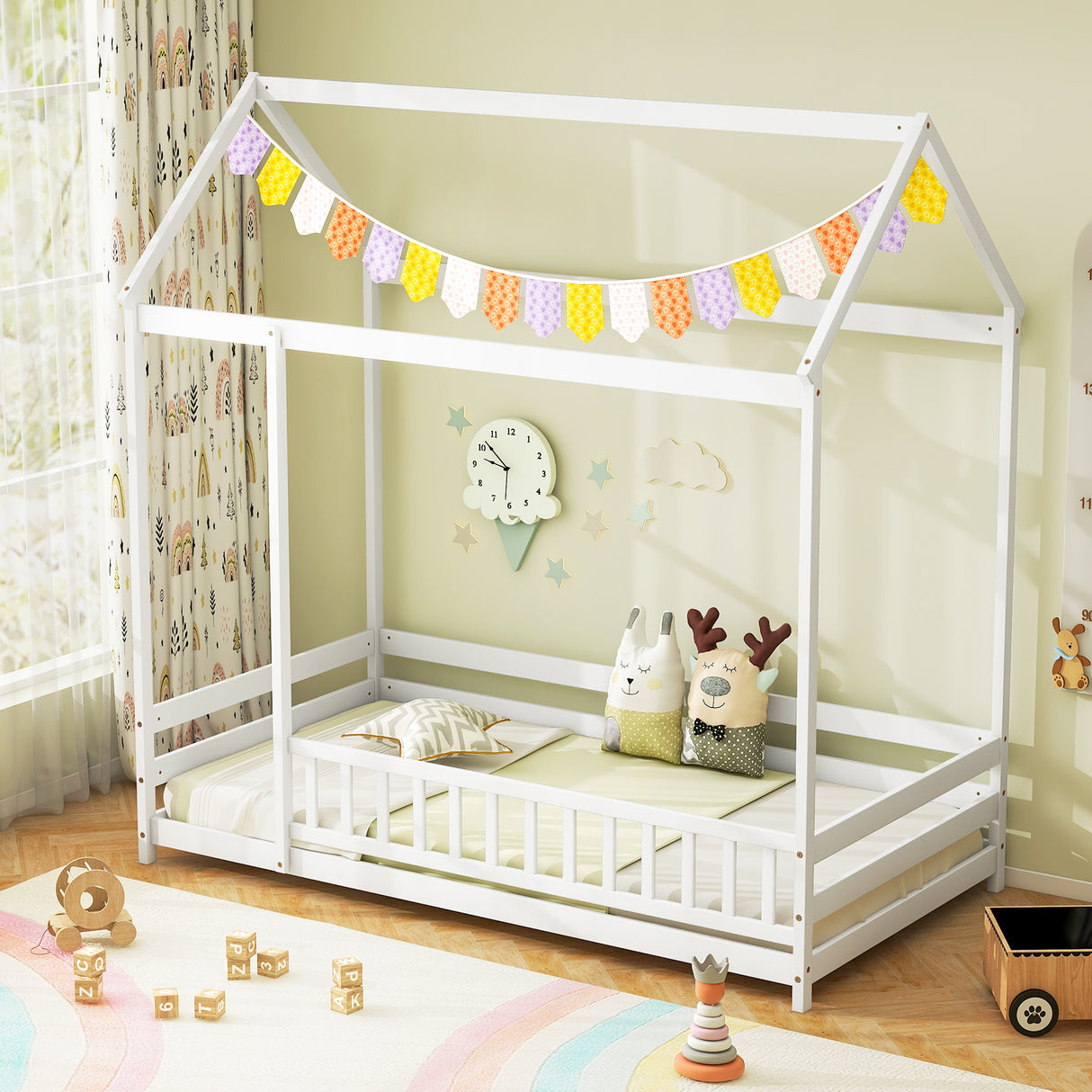 Twin Size Kids House Bed Wooden Floor Bed with Roof and Full-length Safety Guardrail