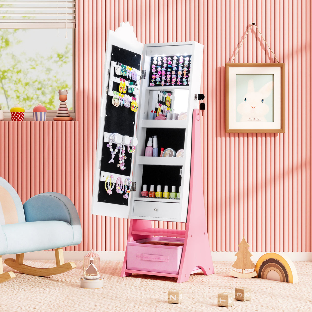 Kids Jewelry Armoire Freestanding Jewelry Cabinet with 3-Color Lighted Full Length Mirror
