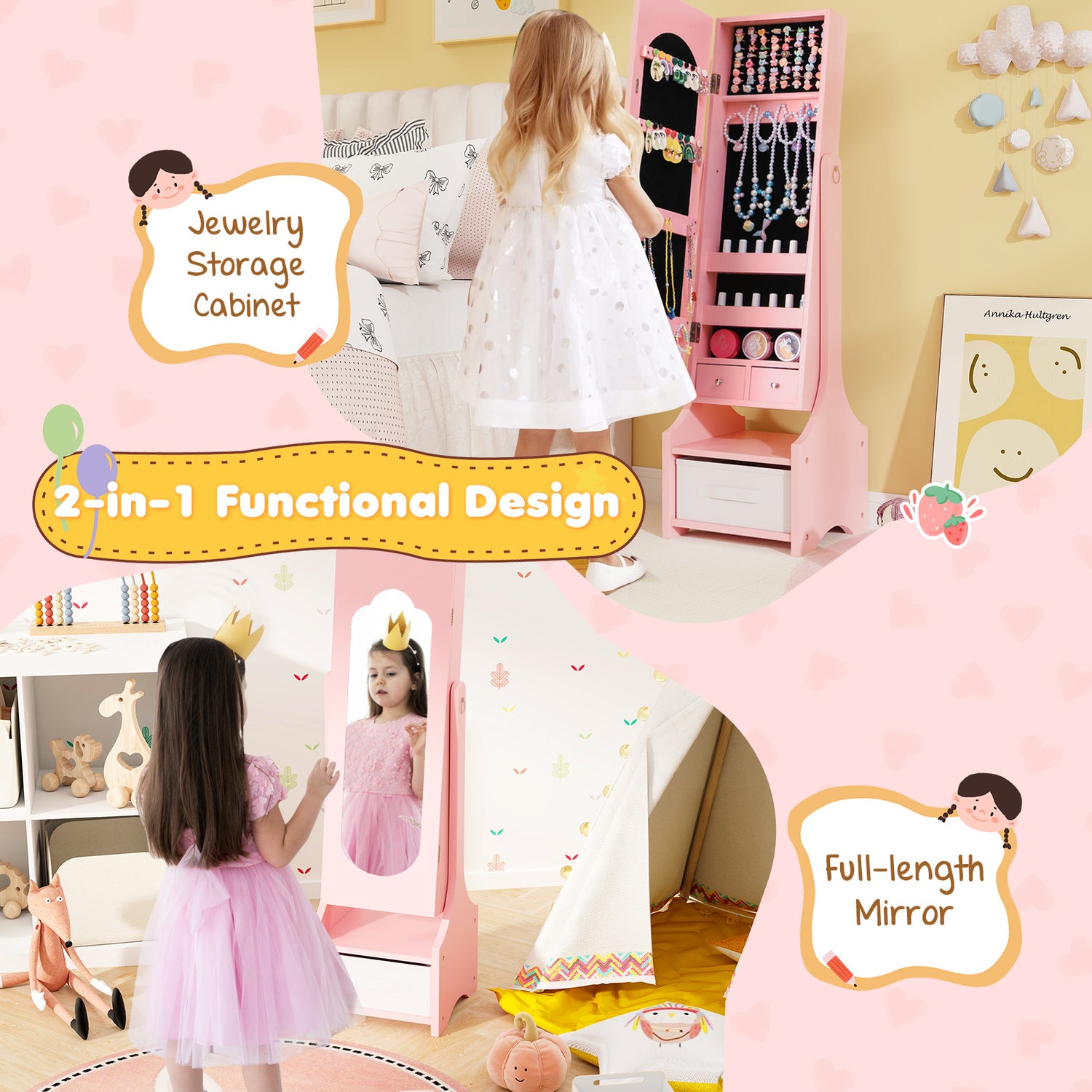 Freestanding Kids Jewelry Armoire Cabinet with Storage and 2 Tilt Angles