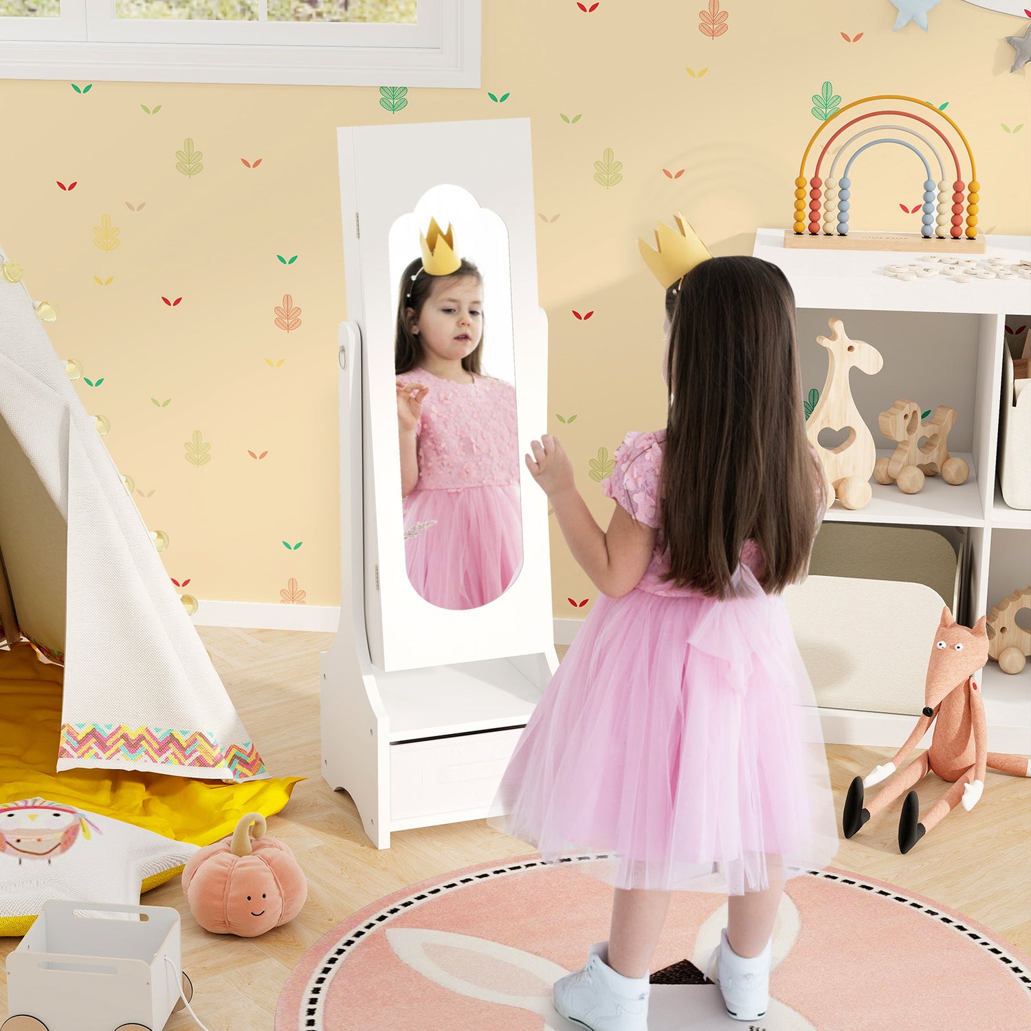 Freestanding Kids Jewelry Armoire Cabinet with Storage and 2 Tilt Angles