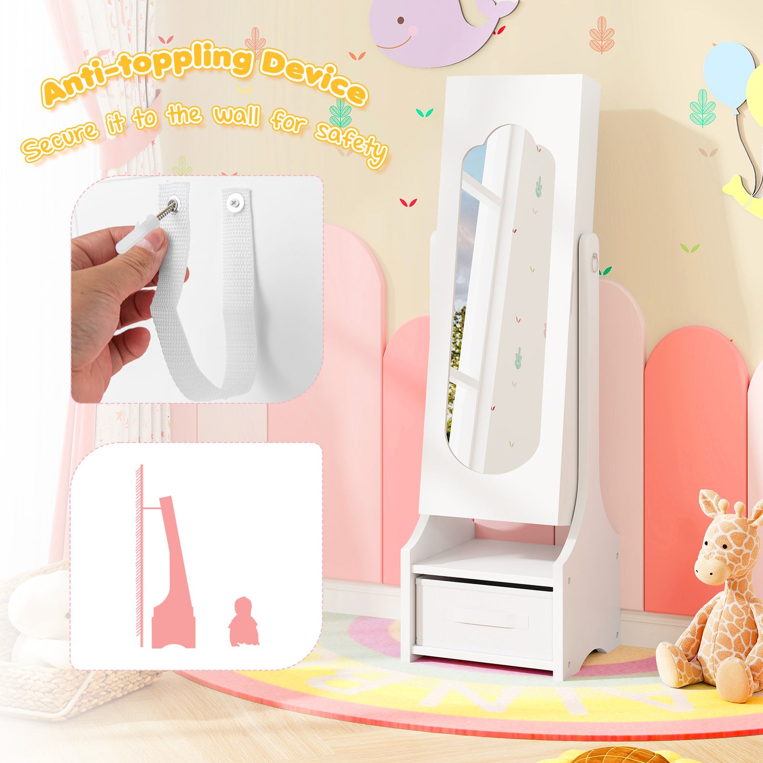 Freestanding Kids Jewelry Armoire Cabinet with Storage and 2 Tilt Angles