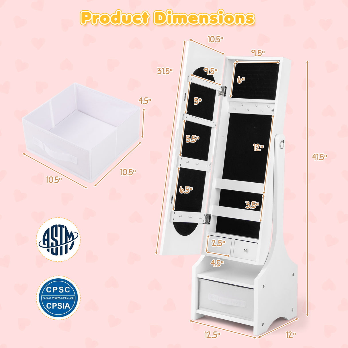 Freestanding Kids Jewelry Armoire Cabinet with Storage and 2 Tilt Angles