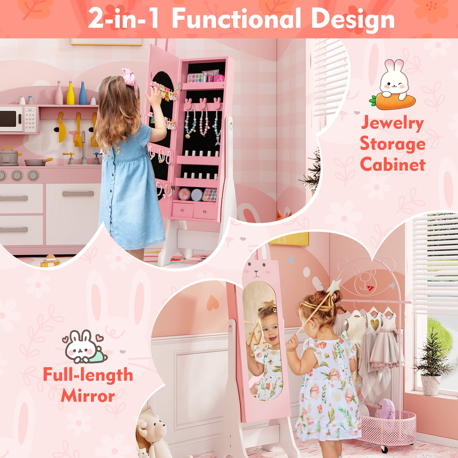 Kids Jewelry Armoire Cabinet with 2 Tilt Angles and Large Capacity