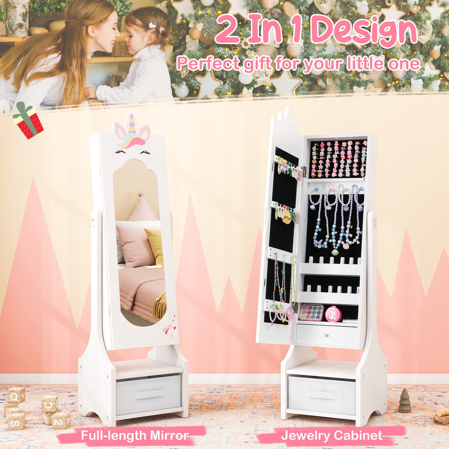 Kids Jewelry Cabinet with Full-Length Mirror for Kids Bedroom and Playroom