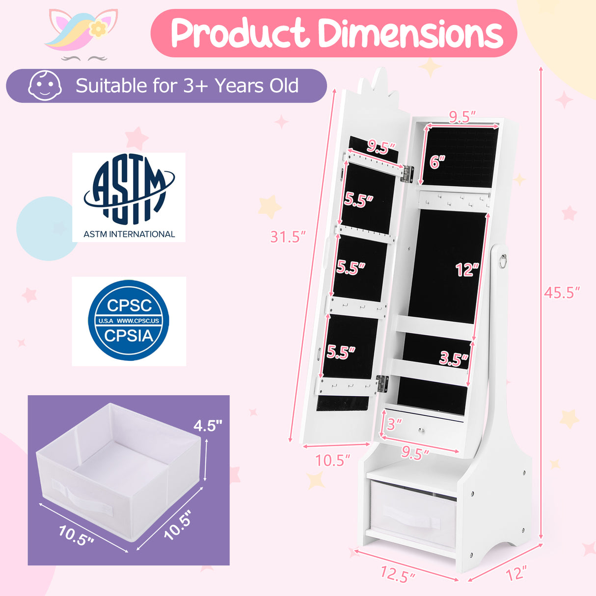 Kids Jewelry Cabinet with Full-Length Mirror for Kids Bedroom and Playroom