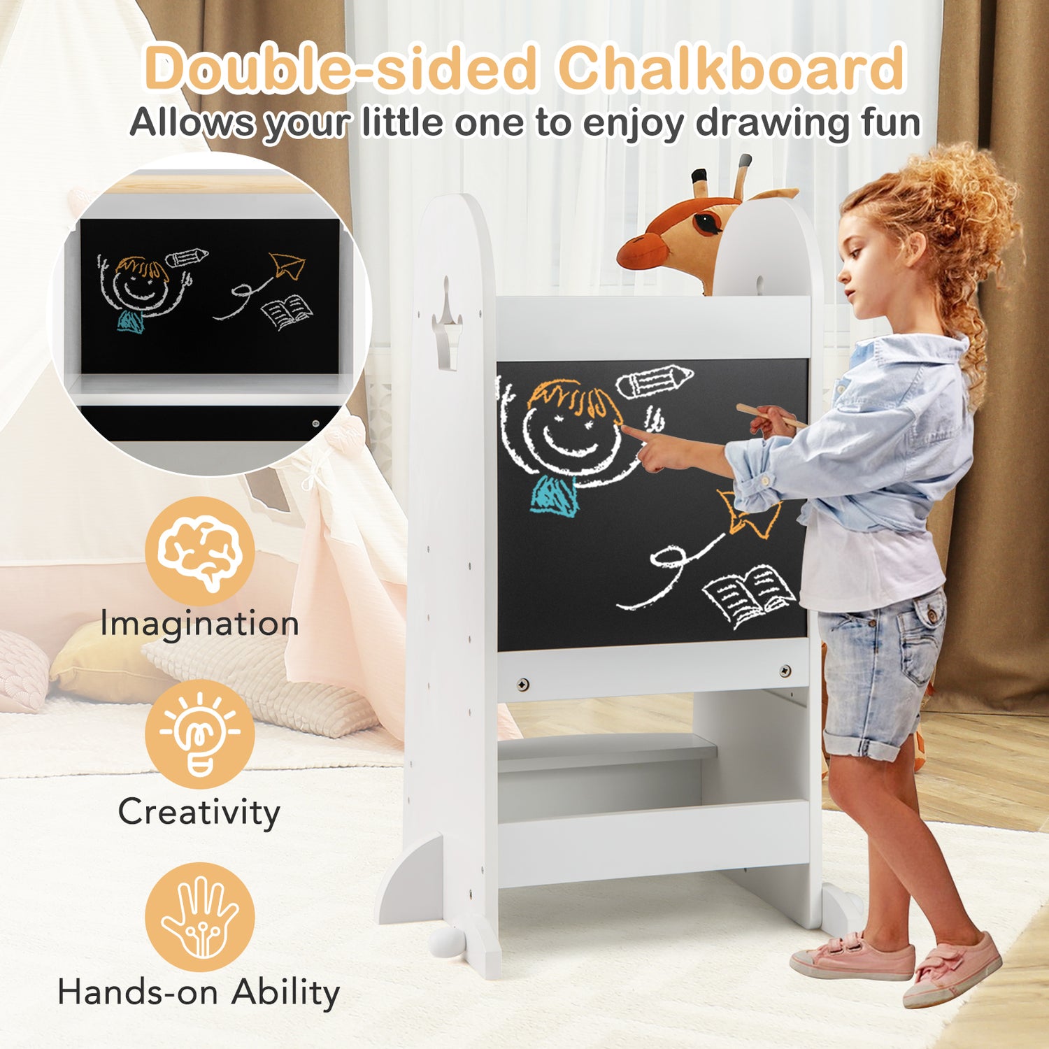 Kids Kitchen Tower Adjustable with Chalkboard and Safety Rail