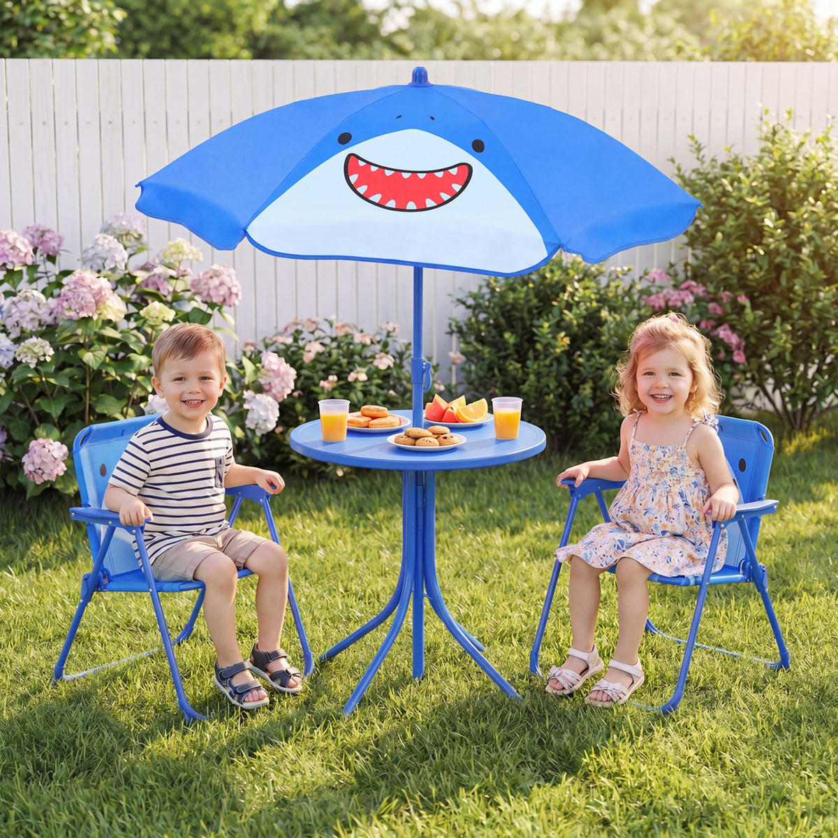 Kids Outdoor Table and Chair Set with 2 Folding Chairs and Height Adjustable Umbrella