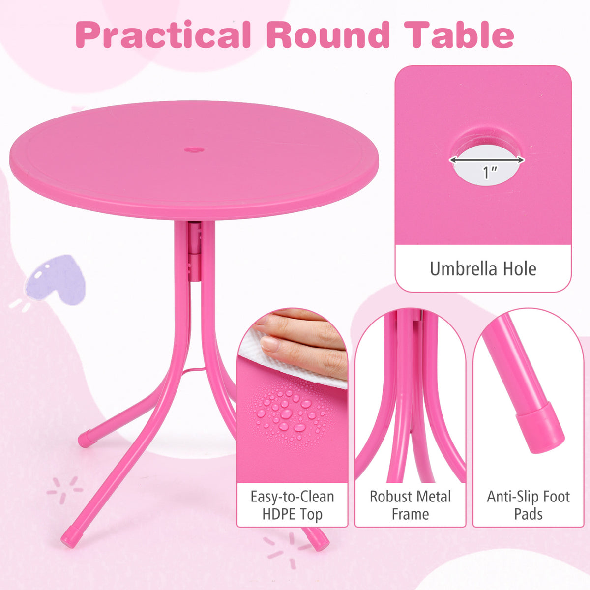 Kids Outdoor Table and Chair Set with 2 Folding Chairs and Height Adjustable Umbrella