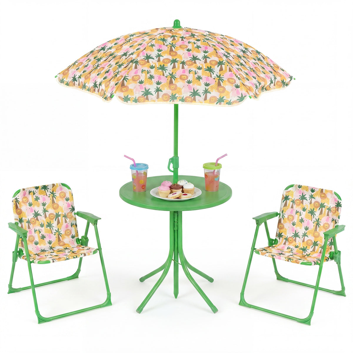 Kids Outdoor Table and Chair Set with 2 Folding Chairs and Height Adjustable Umbrella