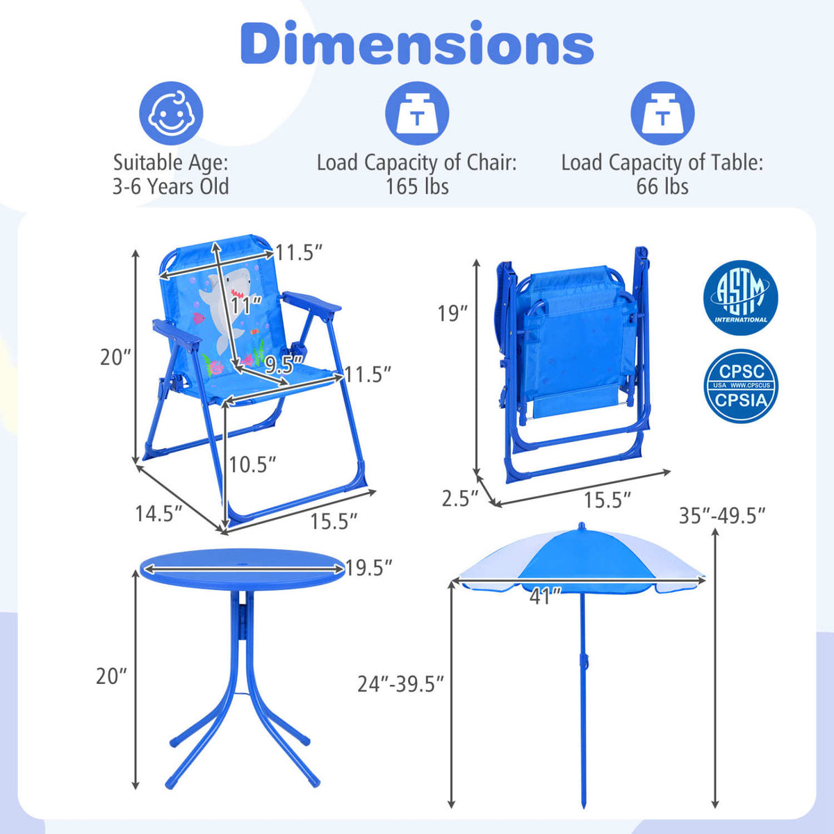 Kids Outdoor Table and Chair Set with 2 Folding Chairs and Height Adjustable Umbrella
