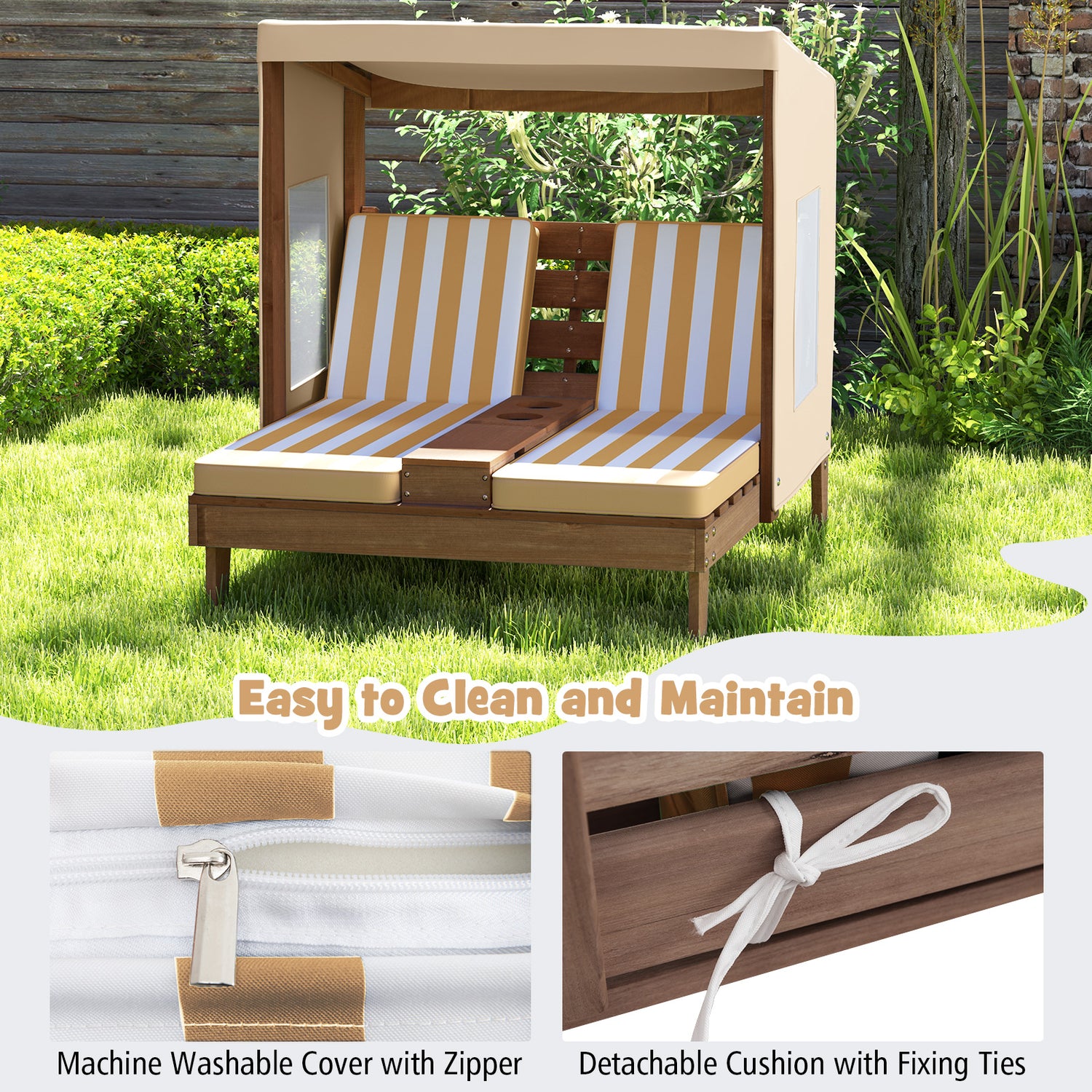 Kids Patio Lounge Chair with Cup Holders and Awning