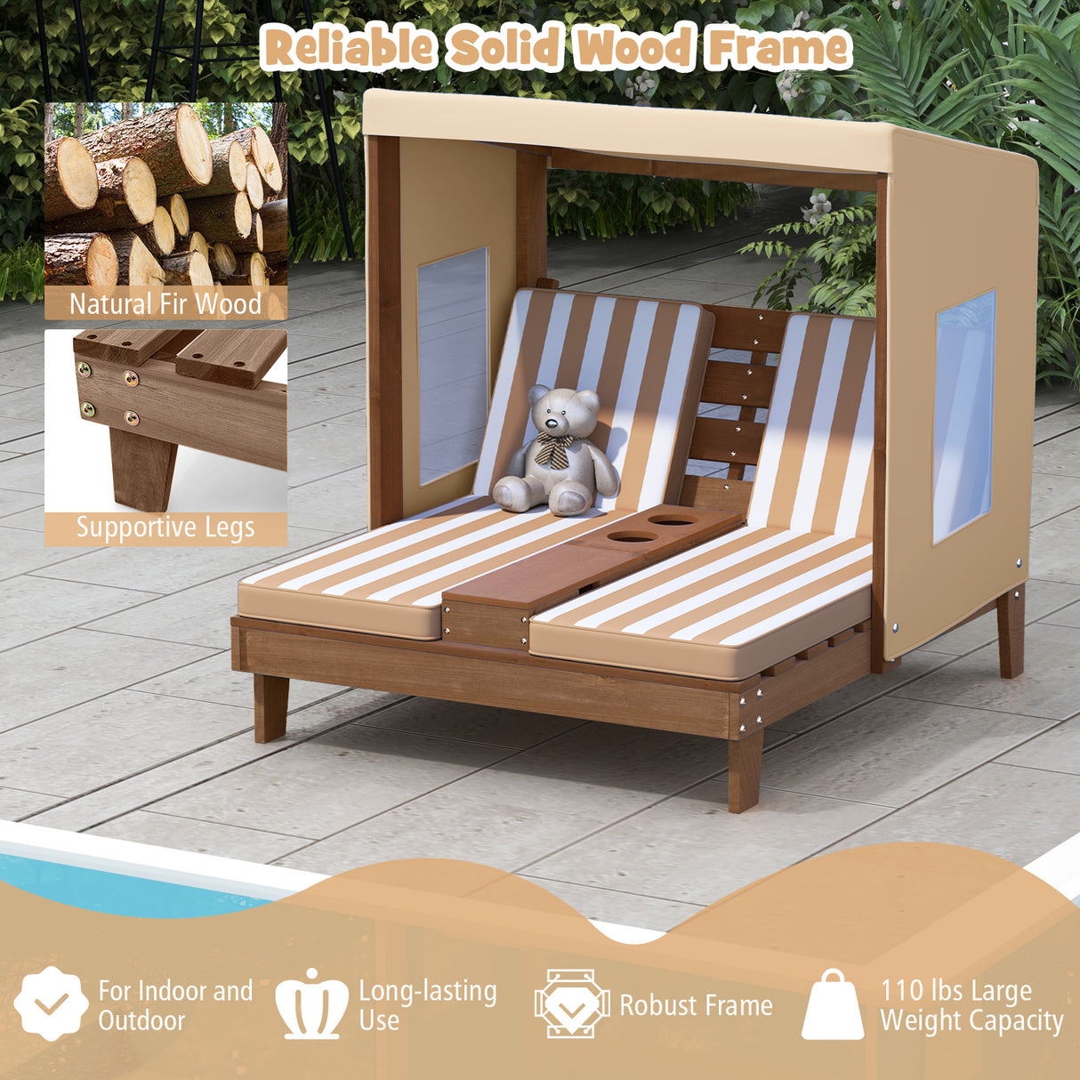 Kids Patio Lounge Chair with Cup Holders and Awning