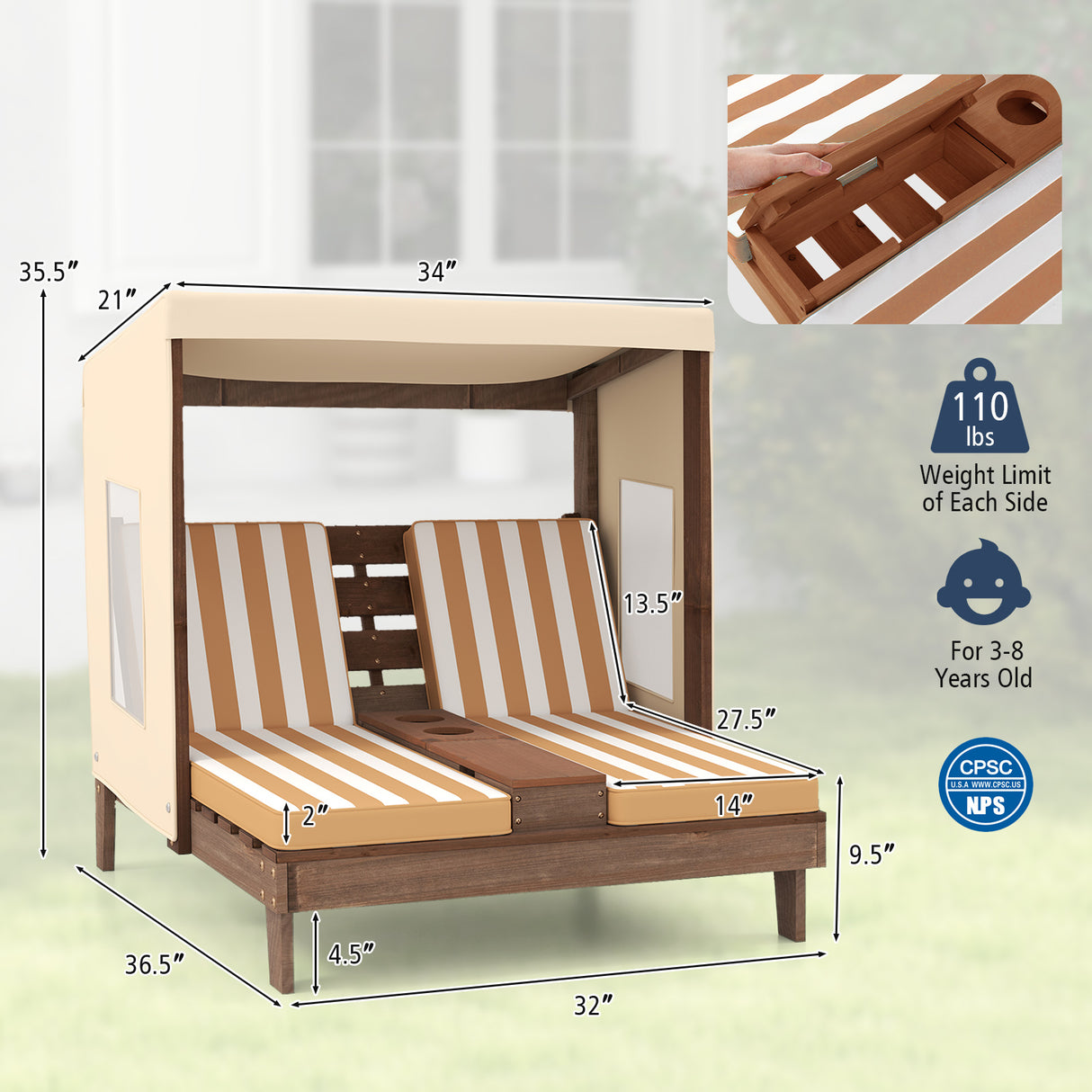 Kids Patio Lounge Chair with Cup Holders and Awning