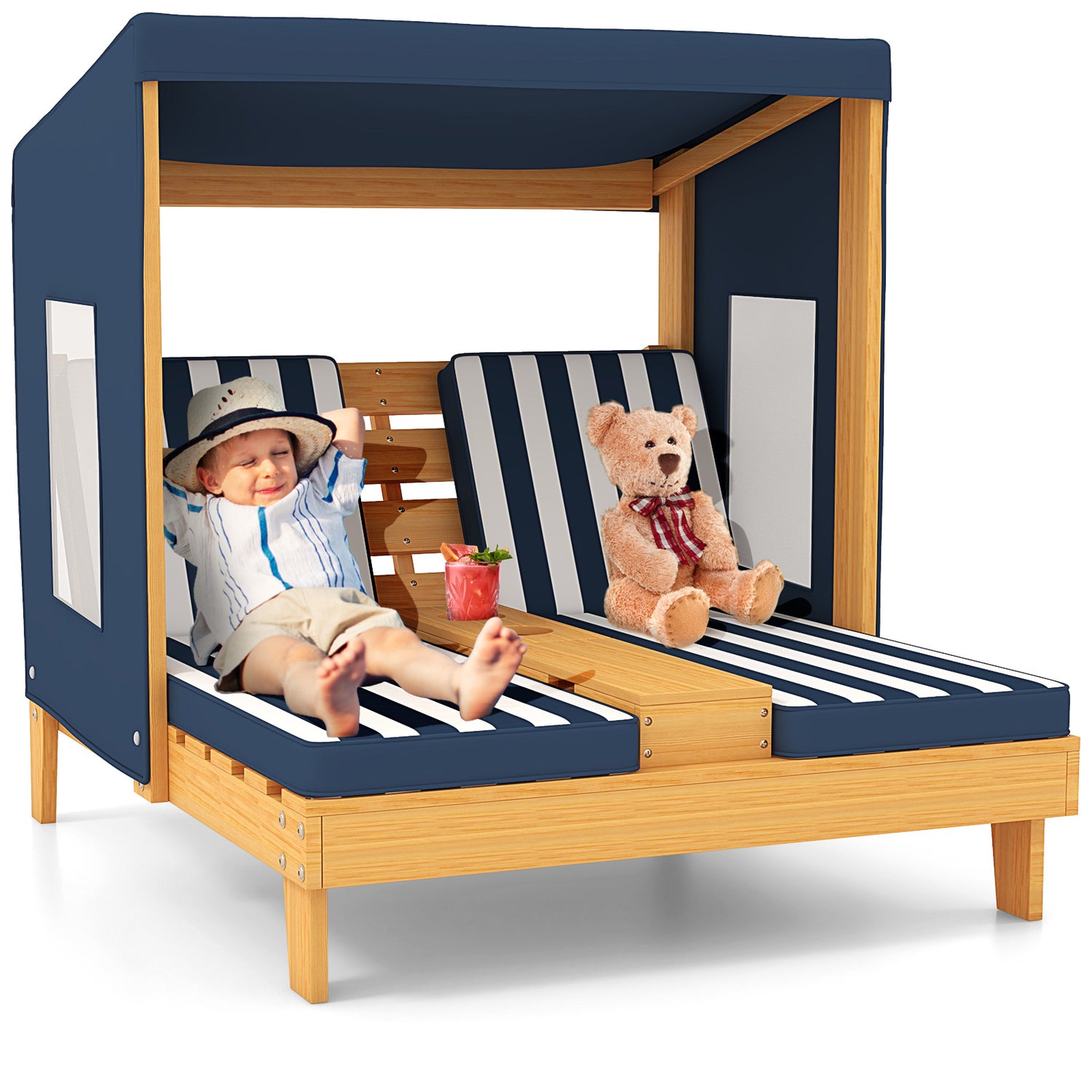 Kids Patio Lounge Chair with Cup Holders and Awning